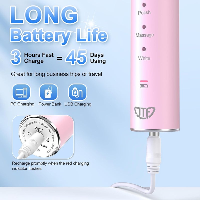 JTF Sonic Electric Toothbrush for Adults: 6 Brush Heads, Travel Bag, Tongue Scraper, 5 Brushing Modes for Teeth, Smart Timer and IPX7 Waterproof, Rechargeable Toothbrush for Deep Cleaning & Whitening - Image 4